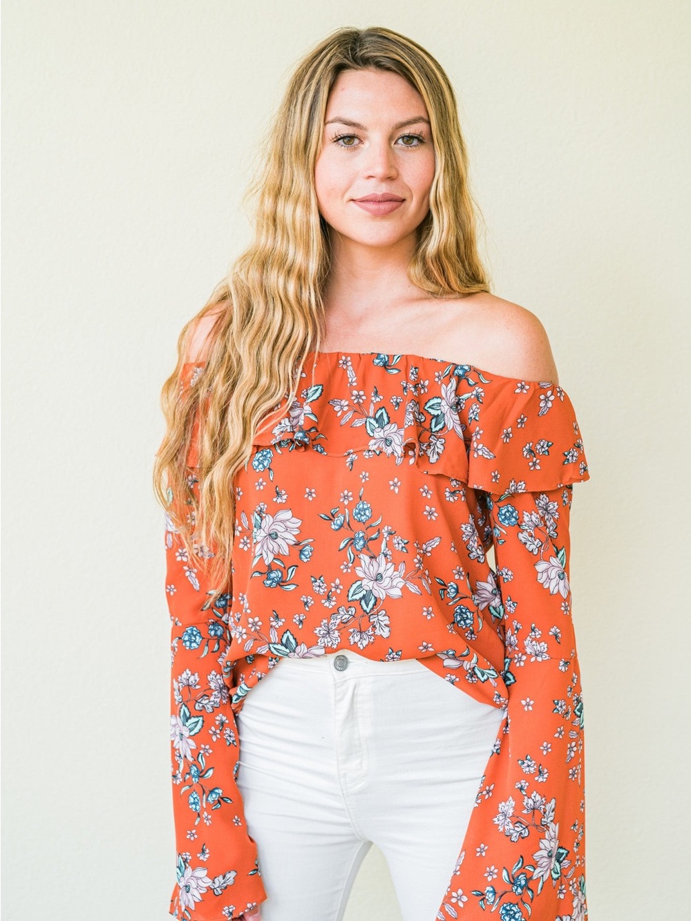 Karlie Officially October Statement Sleeve Off-the-Shoulder Ruffle Boho Top